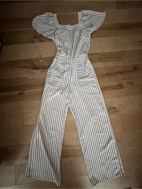 Monteau Gray and White Striped Wide-Leg Jumpsuit